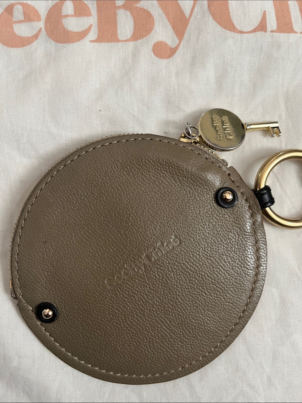 See by Chloé Round Taupe Leather Coin Pouch with Key Charm